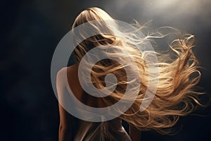 Portrait of a beautiful woman with long blond hair on dark background, rear view of a Beautiful young woman with long hair. back