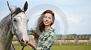 Portrait beautiful woman long hair next horse