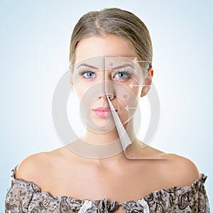 Portrait of beautiful woman with problem and clean skin, aging a