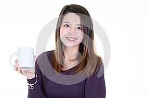 Portrait of beautiful woman smiling with cup of coffee tea isolated white background