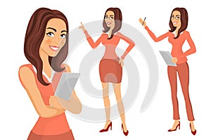 Portrait of beautiful woman standing with arms folded. Business Girl. young women in elegant office clothes art vector