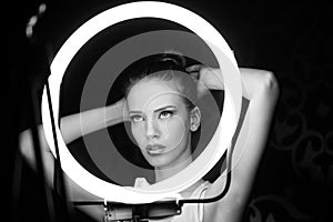 Portrait of a beautiful woman in the studio, backstage