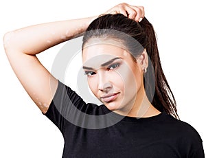 Portrait of beautiful woman with vitiligo in black t-shirt.