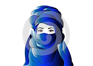Portrait of beautiful woman wearing blue tuareg scarf. Young girl in national costume of african tribal nomads. Blue ethnic Turban