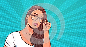 Portrait Of Beautiful Woman Wearing Glasses Over Retro Pop Art Background Attractive Female With Long Hair