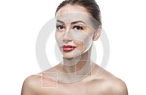 Portrait of a beautiful woman on a white background, on the face are visible areas of problem skin - wrinkles and freckles. photo