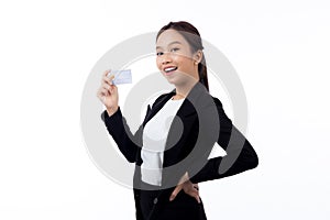 Portrait beautiful young asian business woman hold credit card or debit card for shopping payment.