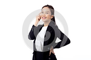 Portrait beautiful young asian businesswoman in suit standing isolated white background.