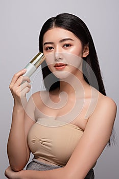 Portrait of beautiful young asian woman clean fresh bare skin concept. Asian girl beauty face skincare and health wellness,