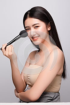 Portrait of beautiful young asian woman clean fresh bare skin concept. Asian girl beauty face skincare and health wellness,