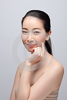 Portrait of beautiful young asian woman clean fresh bare skin concept. Asian girl beauty face skincare and health wellness,