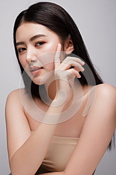 Portrait of beautiful young asian woman clean fresh bare skin concept. Asian girl beauty face skincare and health wellness