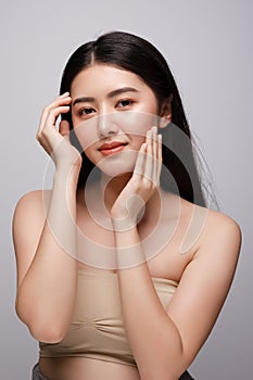 Portrait of beautiful young asian woman clean fresh bare skin concept. Asian girl beauty face skincare and health wellness,