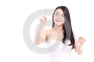 Portrait of beautiful young asian woman happiness standing finger pointing something isolated on white background