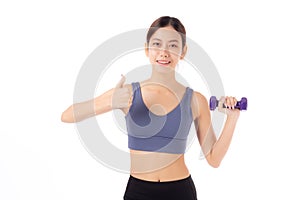 Portrait beautiful young asian woman lifting dumbbell gesture thumbs up isolated.