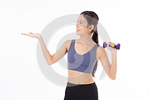 Portrait beautiful young asian woman lifting dumbbell and presenting isolated white background.