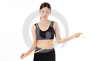 Portrait beautiful young asian woman measure tape with waist for weightloss with satisfied isolated.