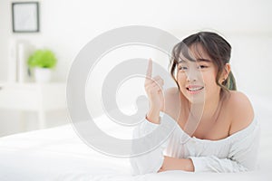 Portrait beautiful young asian woman smile wake up healthy and wellness at morning