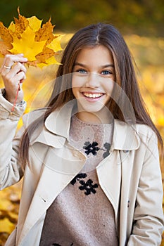 Portrait of a beautiful brunette little girl, autumn park outdoors