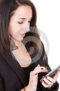 Portrait beautiful young brunette woman businesswoman using texting in smartphone