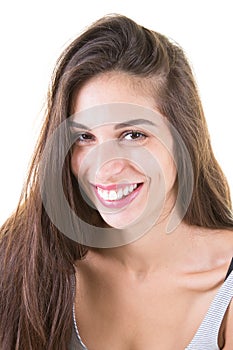 portrait of beautiful young brunette woman looking at camera smiling