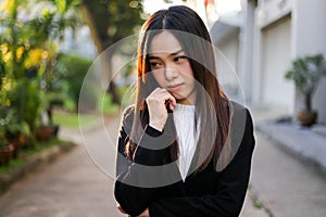 Portrait of Beautiful Young businesswoman asian worry and unhappy, stress and frustrated having problem with work, beauty girl