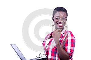 Portrait of a beautiful young businesswoman with laptop, happy