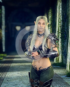 Portrait of beautiful young female elf warrior in front of a castle or palace entrance. 3D illustration