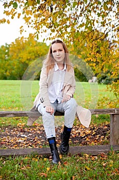 Portrait of  beautiful young girl in  autumn park