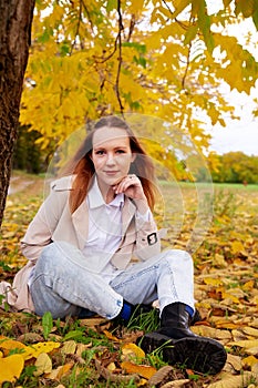 Portrait of  beautiful young girl in  autumn park