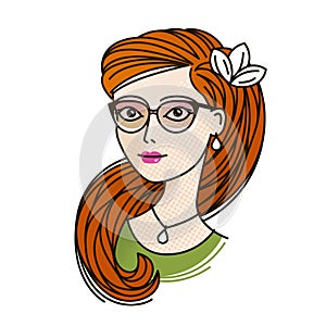 Portrait of beautiful young girl in glasses with long red hair. Cartoon vector illustration