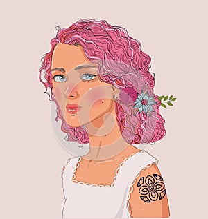 portrait of beautiful young lady with pink hairs