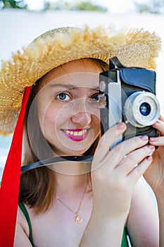 Portrait beautiful young red hair woman relax smile leisure around outdoor swimming pool nearly sea beach ocean for holiday vacati