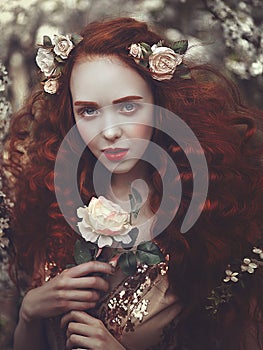 Portrait of a beautiful young sensual woman with very long red curly hair in spring flowers. Colors of spring .