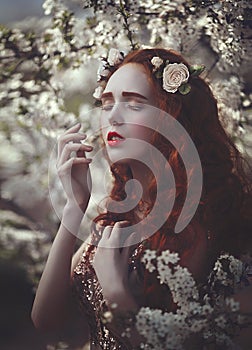 Portrait of a beautiful young sensual woman with very long red curly hair in spring flowers. Colors of spring .