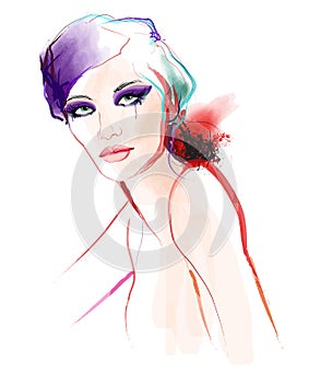 Portrait of a beautiful young sexy woman in watercolor style