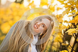 Portrait of a beautiful young woman against a background of colorful golden foliage in an autumn park.