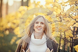 Portrait of a beautiful young woman against a background of colorful golden foliage in an autumn park.