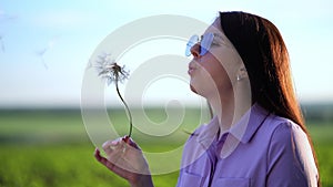 Portrait of a beautiful young woman blowing on big dandelion in the sunny day.