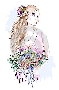 Portrait of beautiful young woman with curly hair and flower wreath. Stylish sketch.
