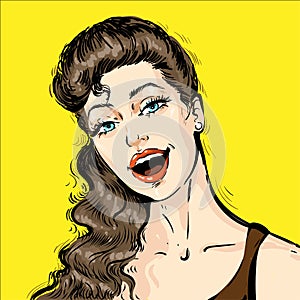 Portrait of a beautiful young woman with open mouth talking . Pop art comic retro vector illustration cartoon vintage