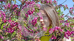 Portrait of beautiful young woman in paradise apple trees blooming park on a sunny day. Springtime. Red apple tree.