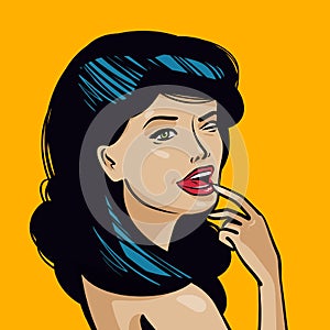 Portrait of beautiful young woman. Pin-up concept. Vintage pop art comics, cartoon vector illustration