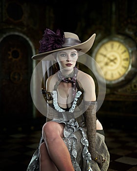 Portrait of a beautiful young woman sitting in fantasy Steampunk costume in front of a retro clock. 3D rendering