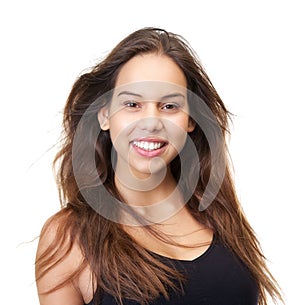 Portrait of a beautiful young woman smiling on isolated white background