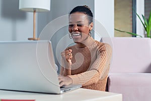 Portrait of a beautiful young woman smiling and looking at laptop screen.