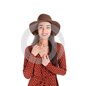 Portrait of beautiful young woman in stylish dress