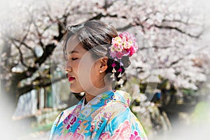 Portrait of a beautiful young woman in traditional Japanese Kimono with Cherry Blossom