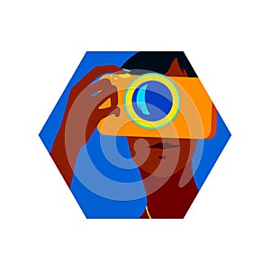 Portrait of beautiful young woman using a camera to take photo. Hexagon vector modern illustration, summer time design element,