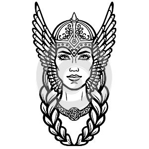 Portrait of the beautiful young woman Valkyrie. Pagan goddess, mythical character.